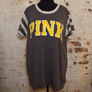 VS PINK Gray Yellow Logo Ringer Tee